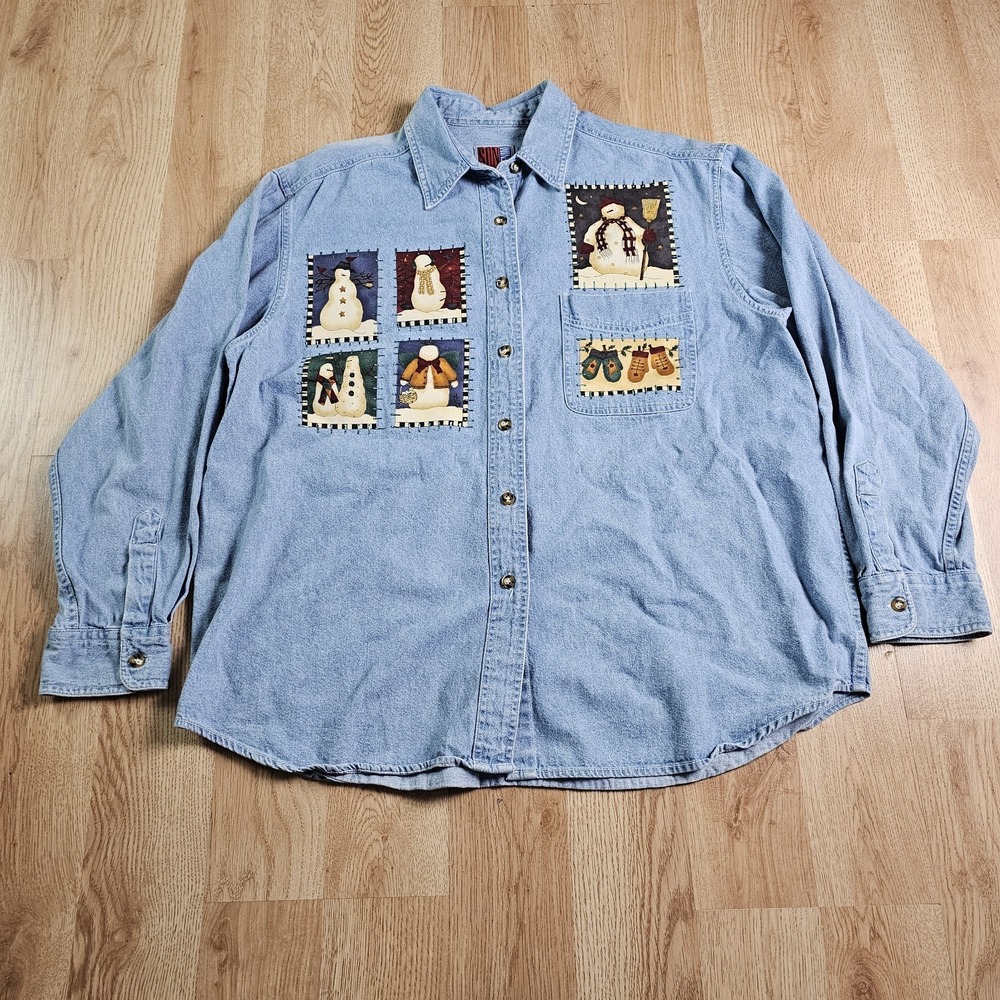 Vtg Sun Belt Denim Shirt Womens XL Blue Snowman Winter Holiday Cotton Button Up